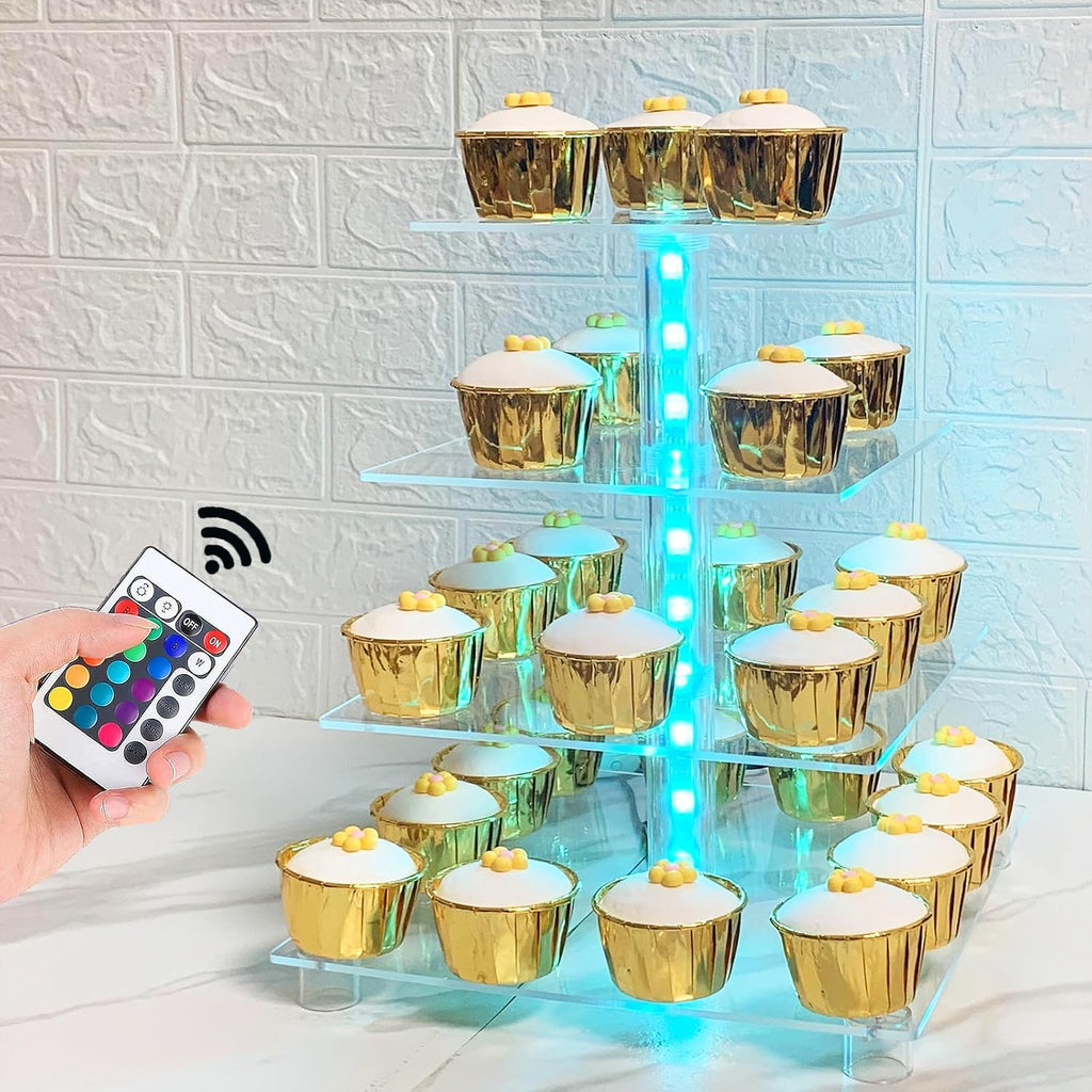 Cupcake Stand Acrylic 4 Tier Tower Display Cupcake Cake Stand with Remote LED Light,Multiple Color Changing