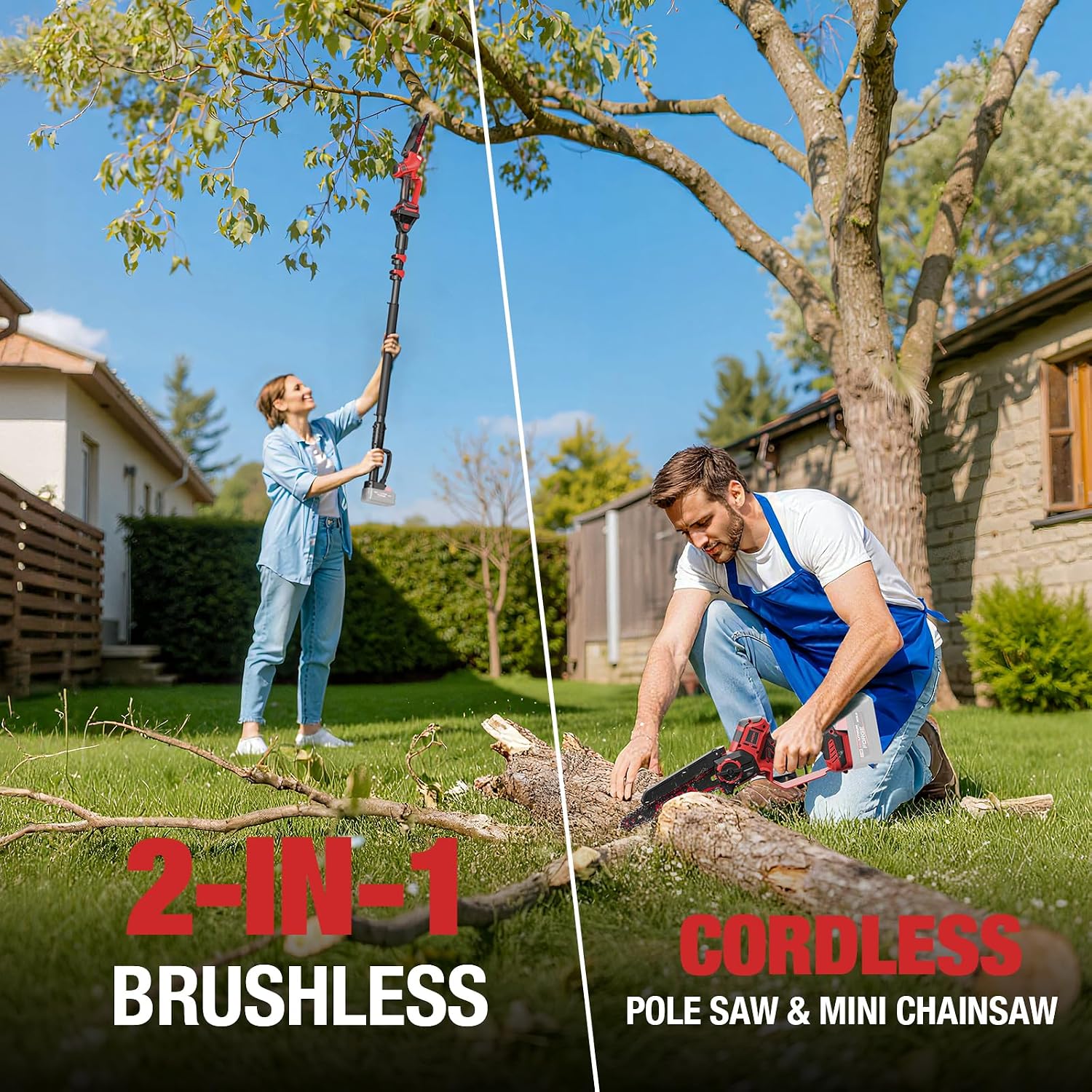 2-IN-1 Cordless 8-Inch Pole Saw & Chainsaw for Milwaukee M18 Battery - 1200W Brushless Motor, Total Reach of Max 15.9