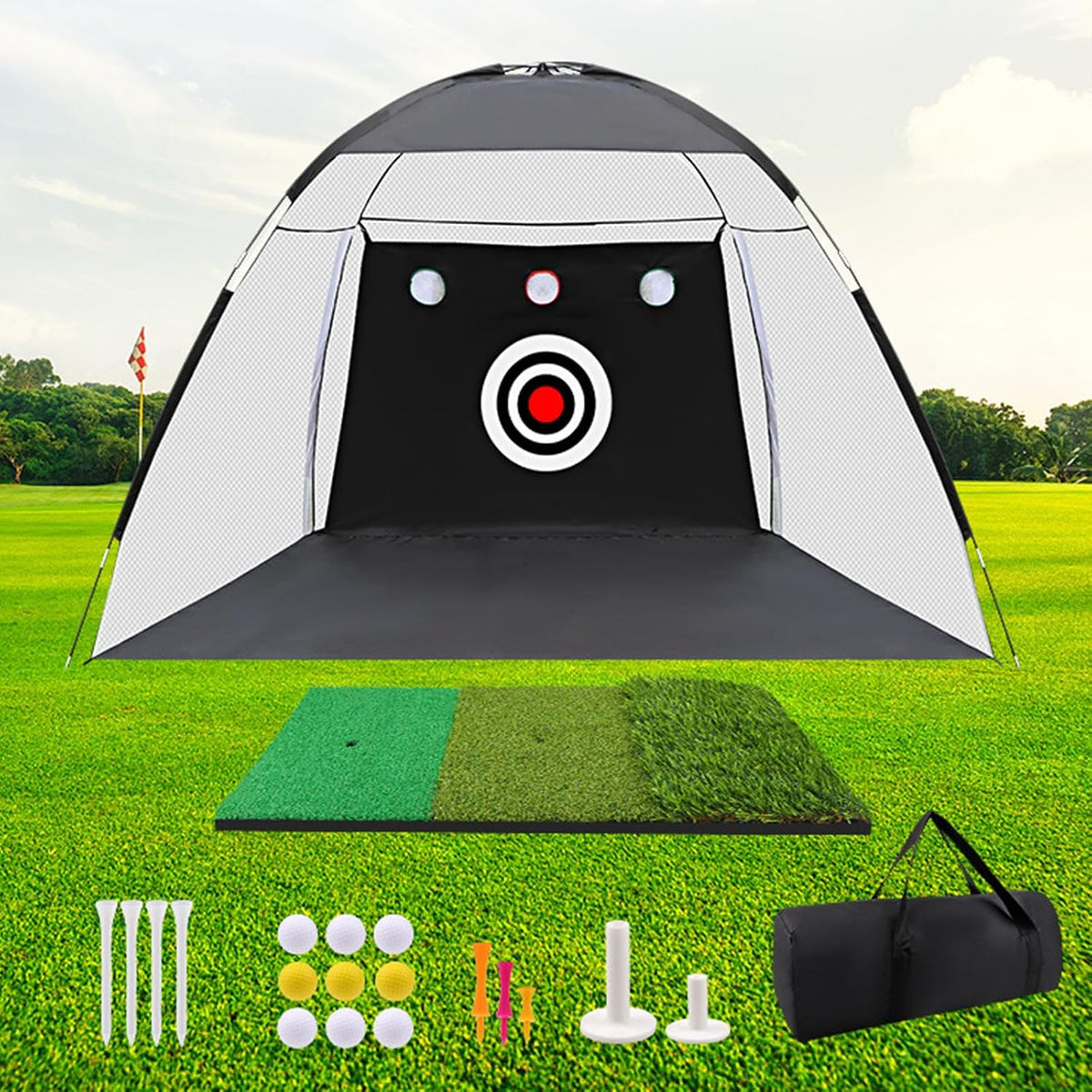 Golf Net, 10x7ft Golf Practice Net with Foldable Tri-Turf Mat