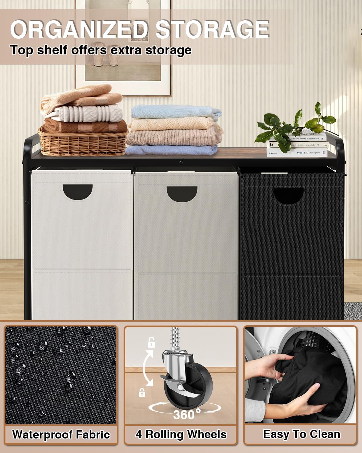 Laundry Sorter 3 Section,Laundry Basket with Wheels,3×15.8 Gal (60L) | Laundry Room Organization with Wooden Desktop
