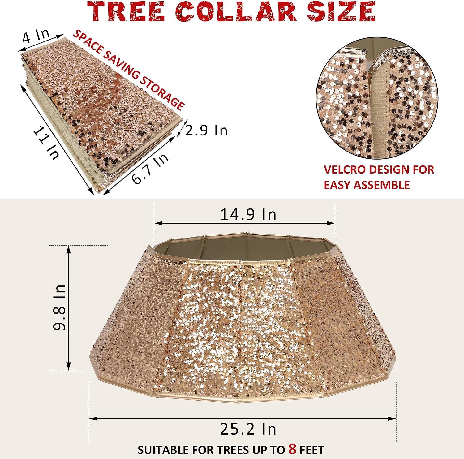 Sparkling Champagne Gold Christmas Tree Collar – Color Shifts with Light – 25.2″ Bottom / 14.9″ Top Foldable Base Cover