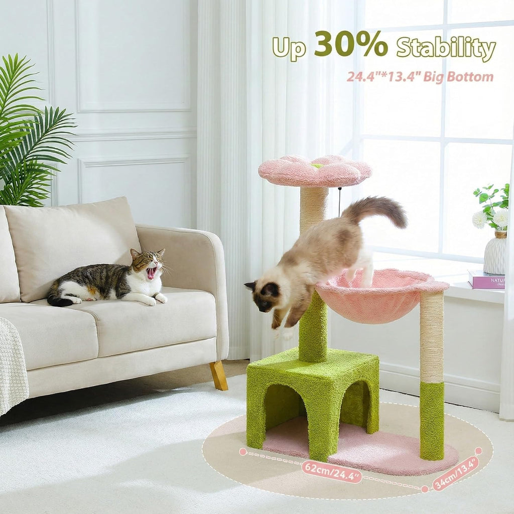 Flower Cat Tree with Large Metal Frame Hammock, 35" Cute Cat Tower with Sisal Scratching Posts for Small Indoor Cats