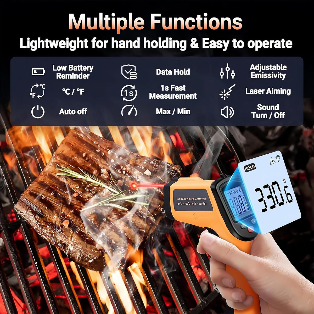 Infrared Thermometer Gun, -58°F to 712°F, 12:1 D:S