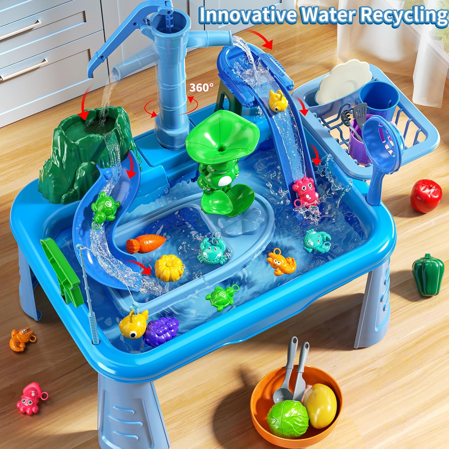 Water Table Play Sink Toy for Kids 2 3 4 5 6 Years Old - Outdoor Kitchen with Running Water, Fishing Games, Toddler