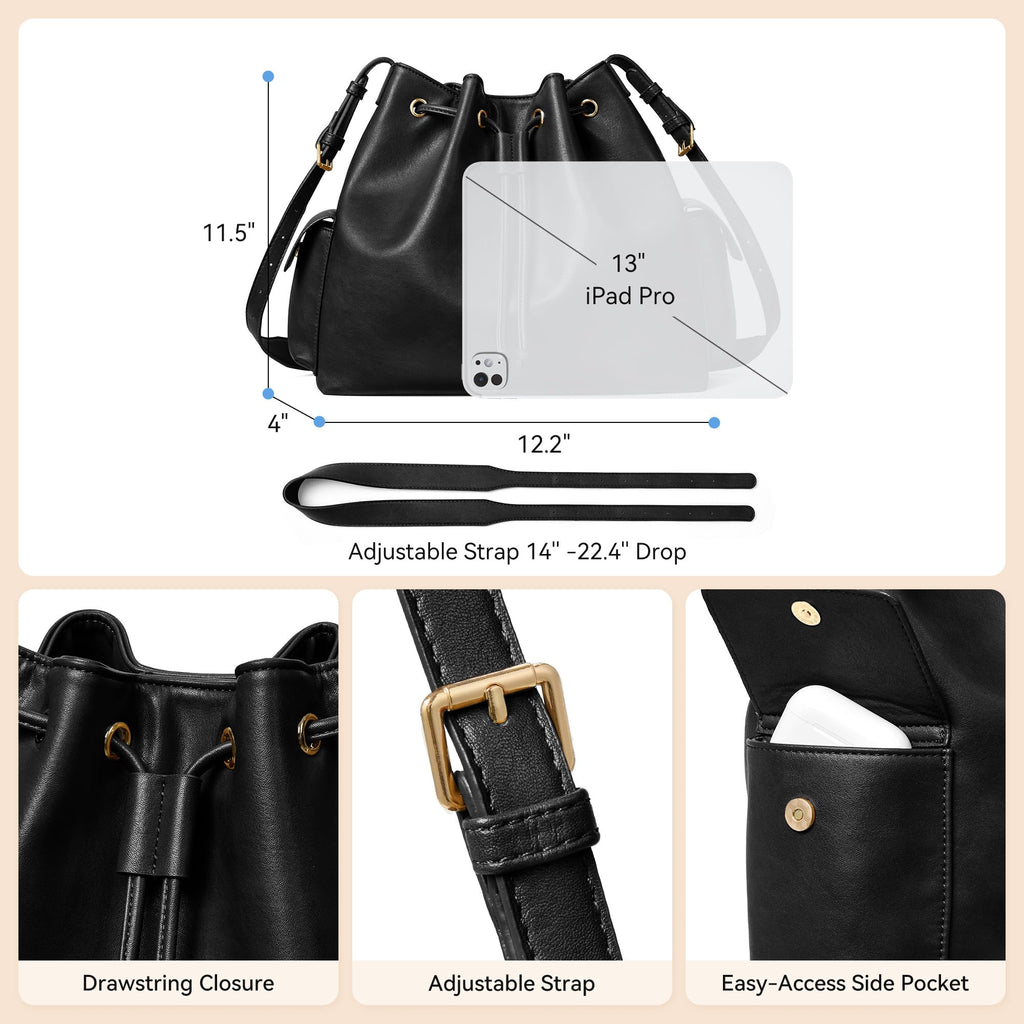 Vegan Leather Bucket Bag Drawstring Crossbody Purse for Women