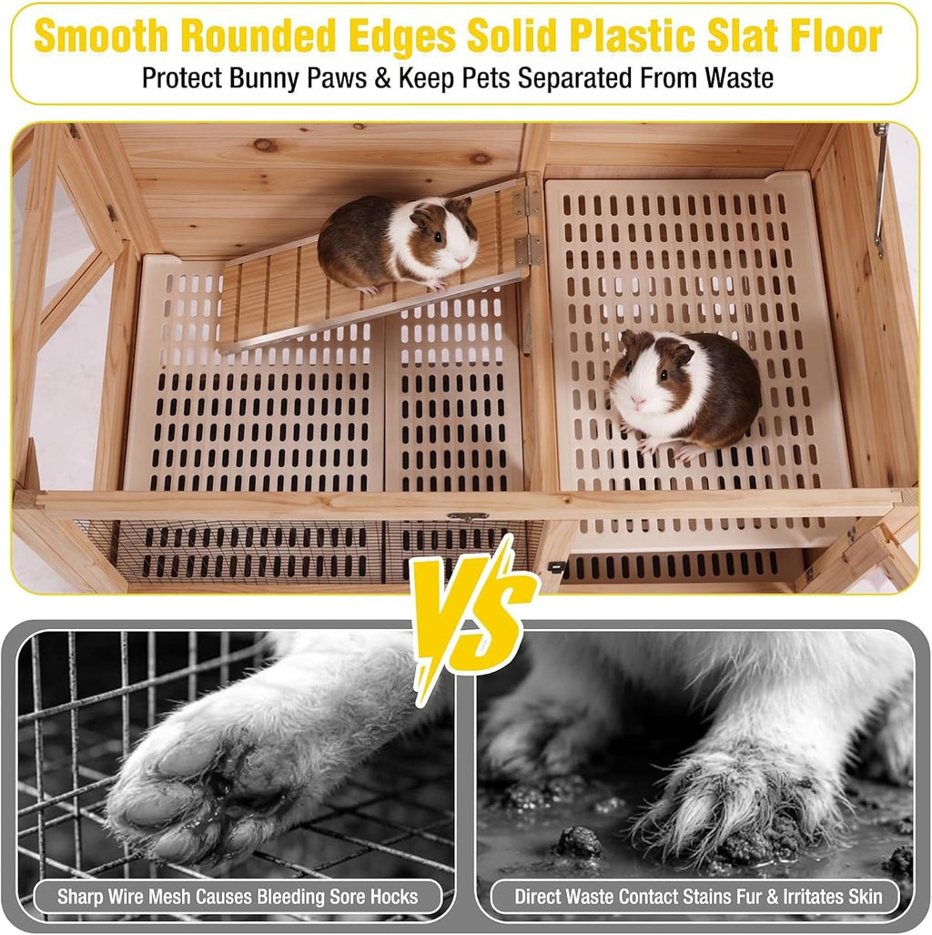 Wooden Guinea Pig Cages Indoor with Removable Stand, Anti Chewing Rabbit Hutch with Ramp and Wire Mesh, 2 Story Small