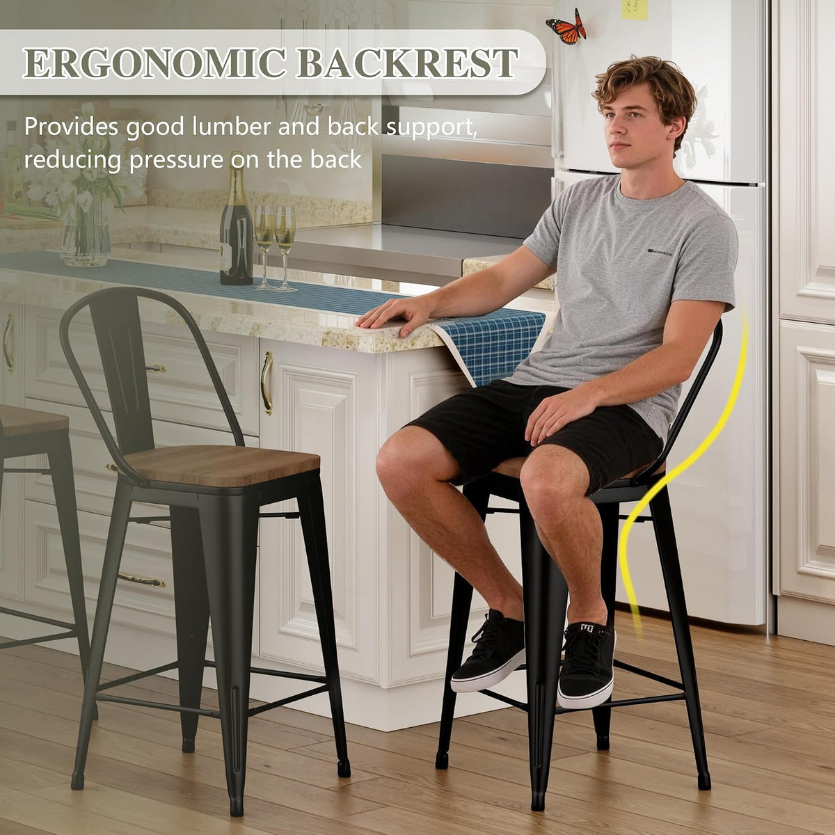 Metal Bar Stools Set of 4, 30" Black Bar Height Stools with Back