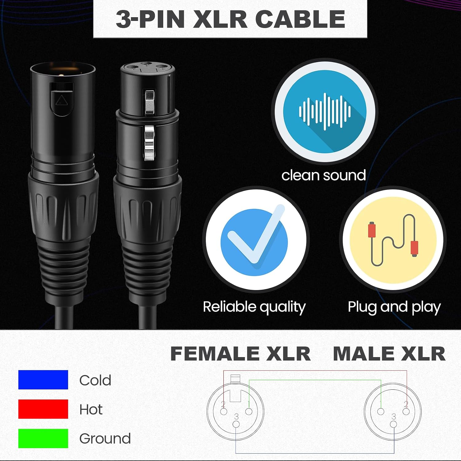 12 Pcs 25 Feet XLR Cable, 3-Pin XLR Male to Female Premium Balanced Microphone Cable, Stage Grade All Copper