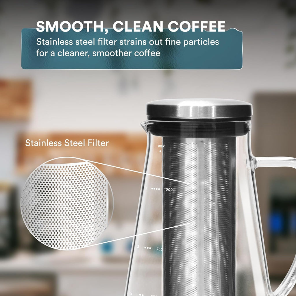 Airtight Cold Brew Iced Coffee Maker Pitcher and Tea Infuser with Spout - 1.0L / 34oz Ovalware RJ3 Brewing Glass