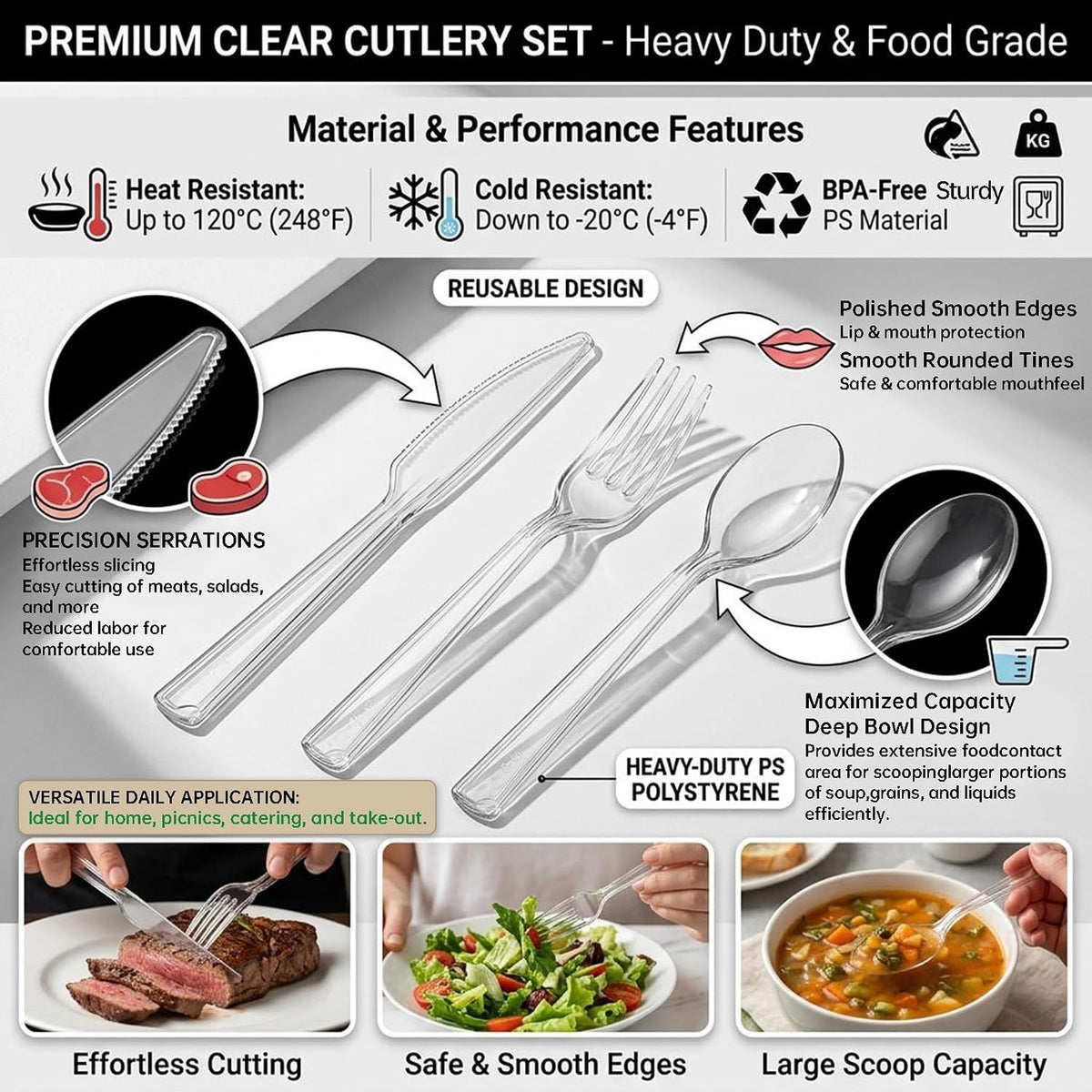 300 Count Heavy Duty Plastic Silverware, Bulk Disposable Utensils for Party