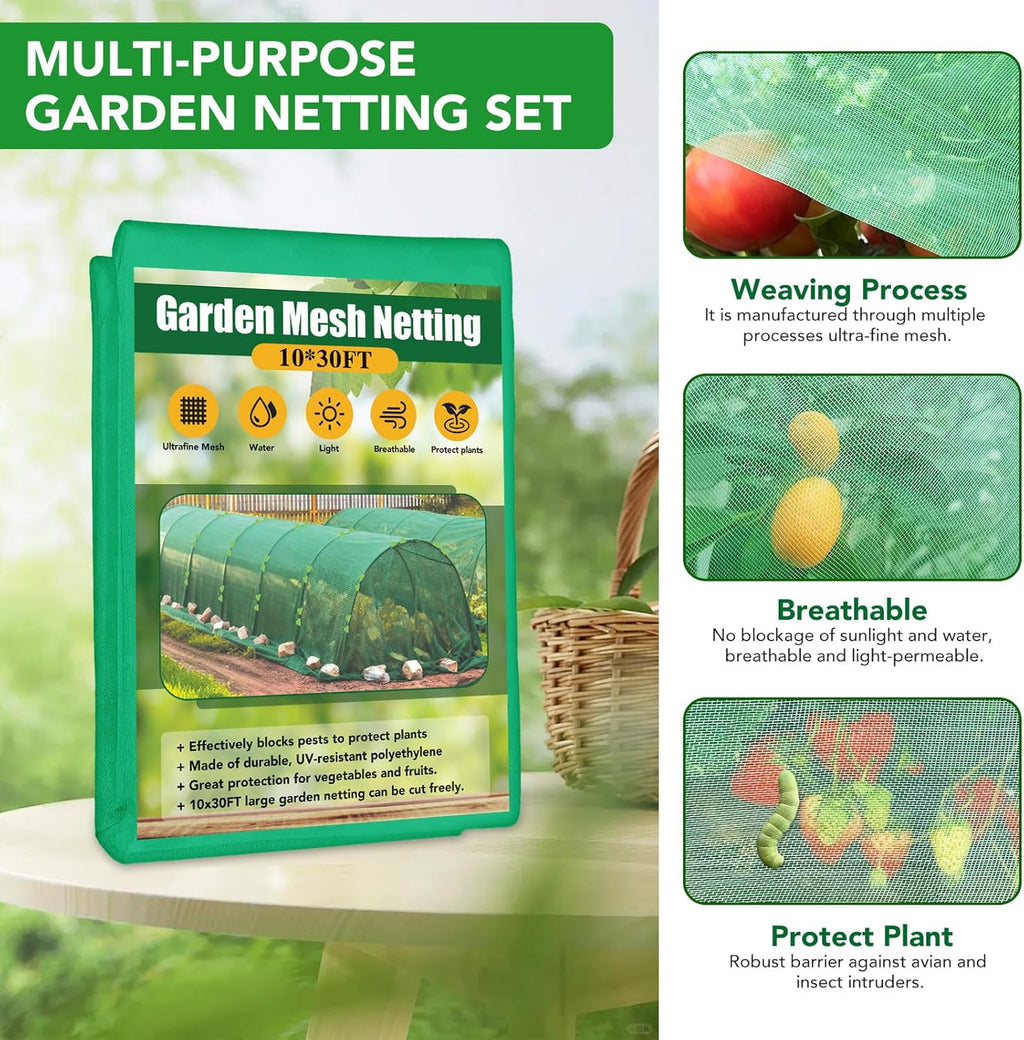 Garden Mesh Netting Kit for Raised Beds, 10x30FT Green Garden Netting ＆6 Sets Fiberglass Garden Hoops, Row Cover