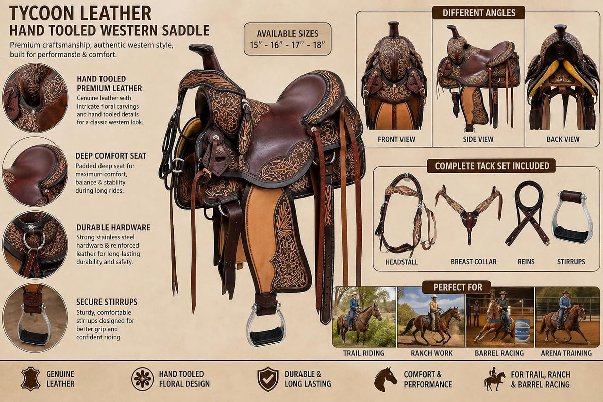 Hand Tooled Western Horse Saddle with Tack Set Genuine Leather Trail Ranch Barrel Racing Saddle Floral Carved 15-18 Inch