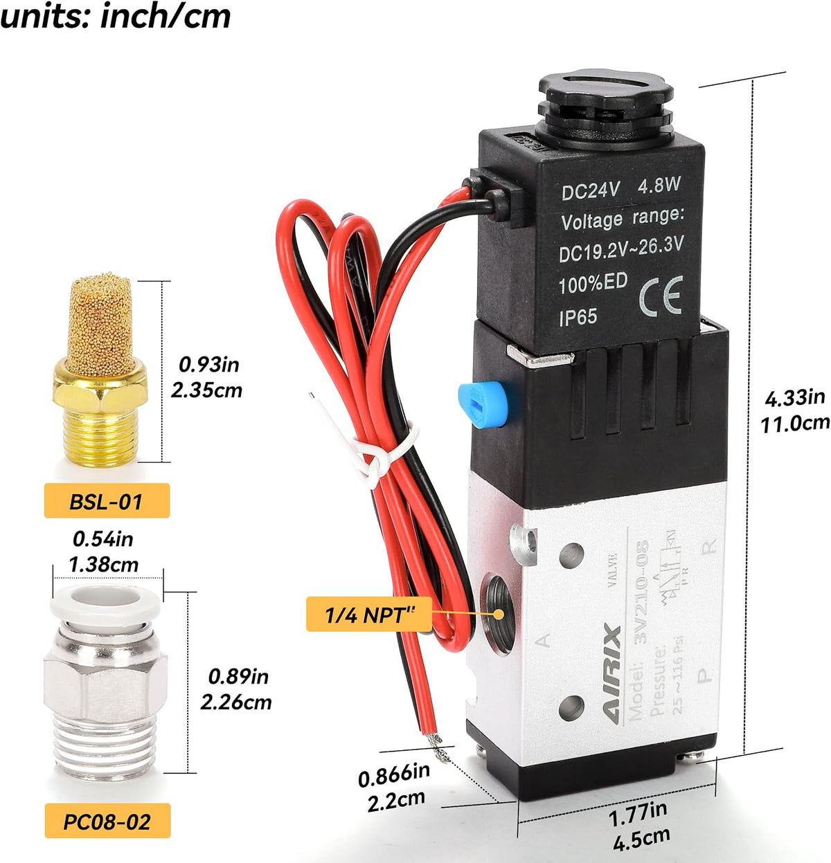 1/4" NPT Solenoid Valve 3V210-08, 3-Way N.C., DC 24V, Lead