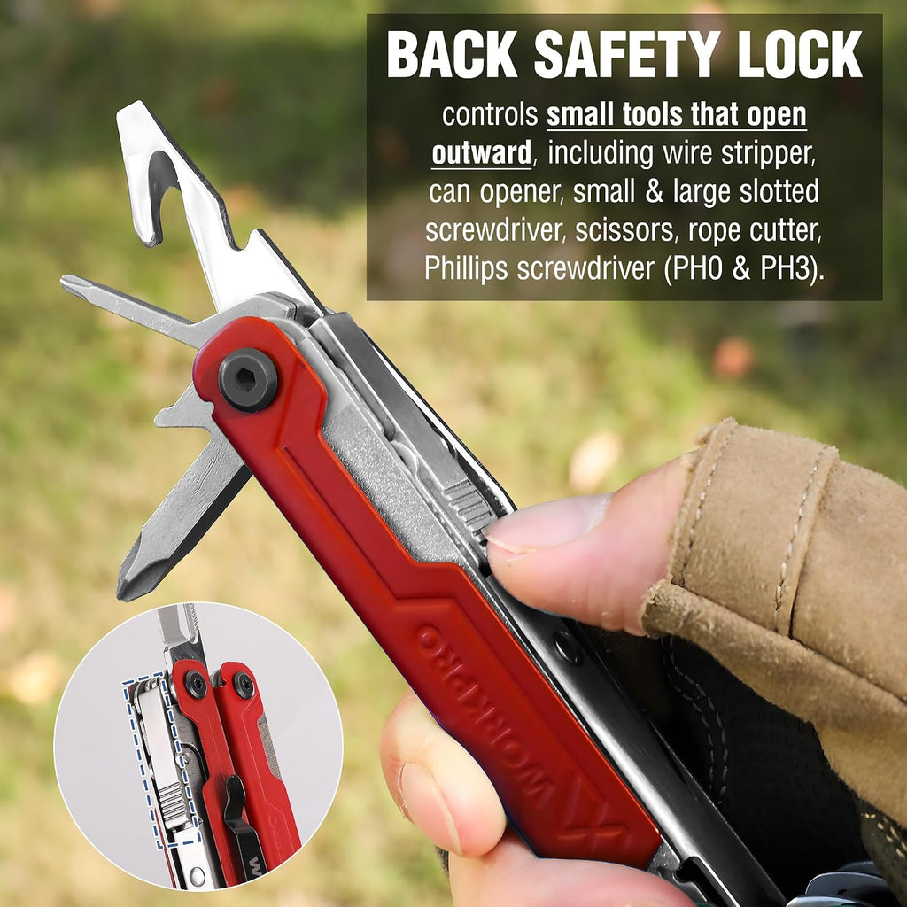 18-in-1 Multi Tool Pliers Pocket Knife, 2 Safety Locks, EDC, Red | Gifts for Men Dad Women Wife, Stainless Steel