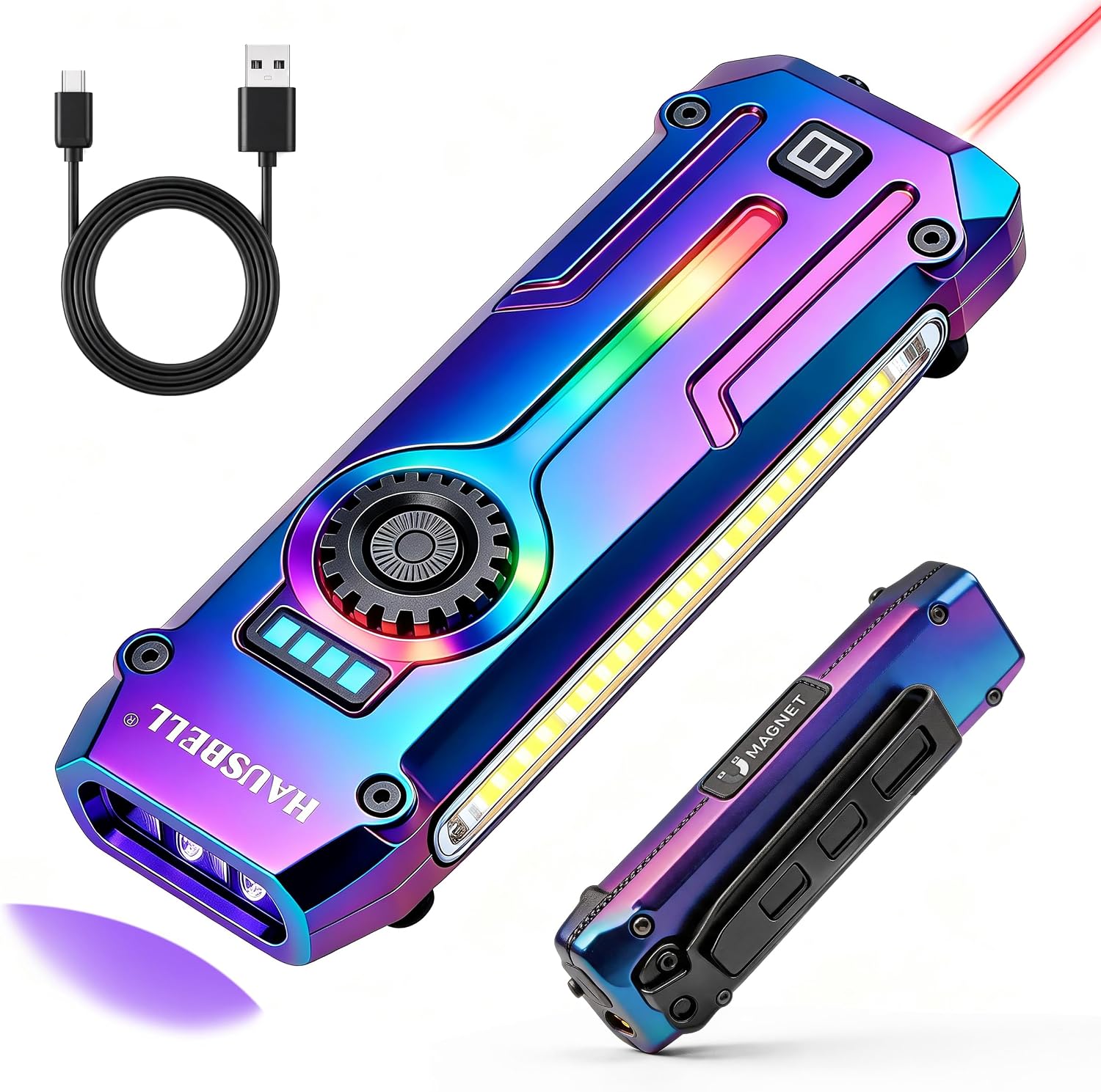 Flat EDC Rechargeable Tactical Flashlight, UV Magnetic LED Small Work light | HAUSBELL 1800 Lumens Pocket Stepless