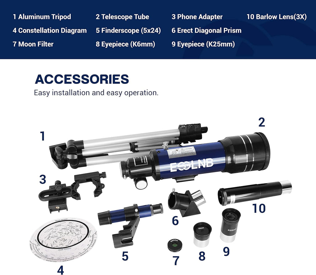 Telescope for Adults, 70mm Aperture Refractor Telescopes (15X-180X) for Astronomy Beginners, Portable Travel