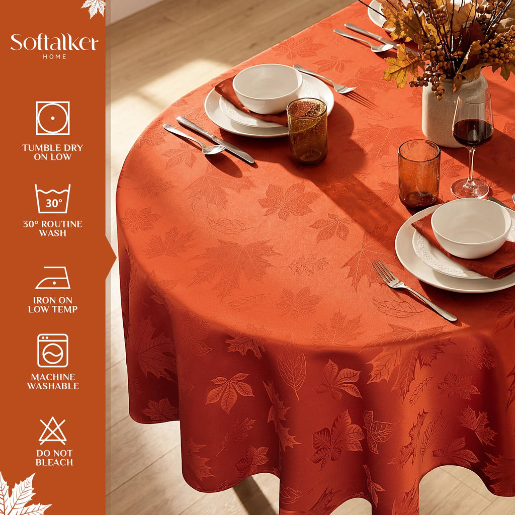 Fall Jacquard Oval Tablecloth, 60 x 84 Inch Burnt Orange
