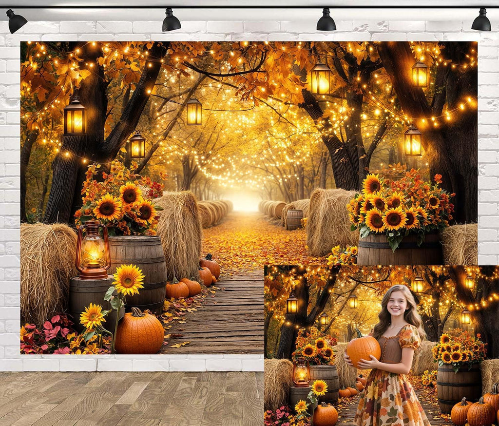Fall Photo Backdrop, Autumn Forest Scenery Maple Leaves Pumpkins Sunflowers Photography Background, Fall Farm Harvest