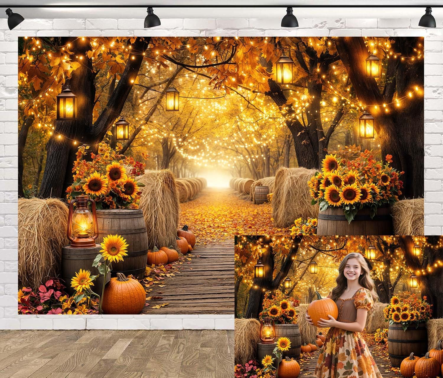 Fall Photo Backdrop, Autumn Forest Scenery Maple Leaves Pumpkins Sunflowers Photography Background, Fall Farm Harvest