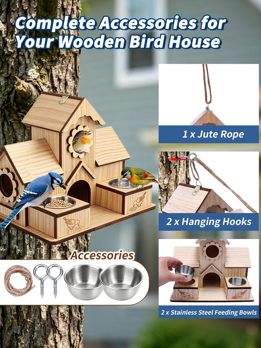 4-Hole Birdhouse for Outside with Feeding Tray, Cedar Wood