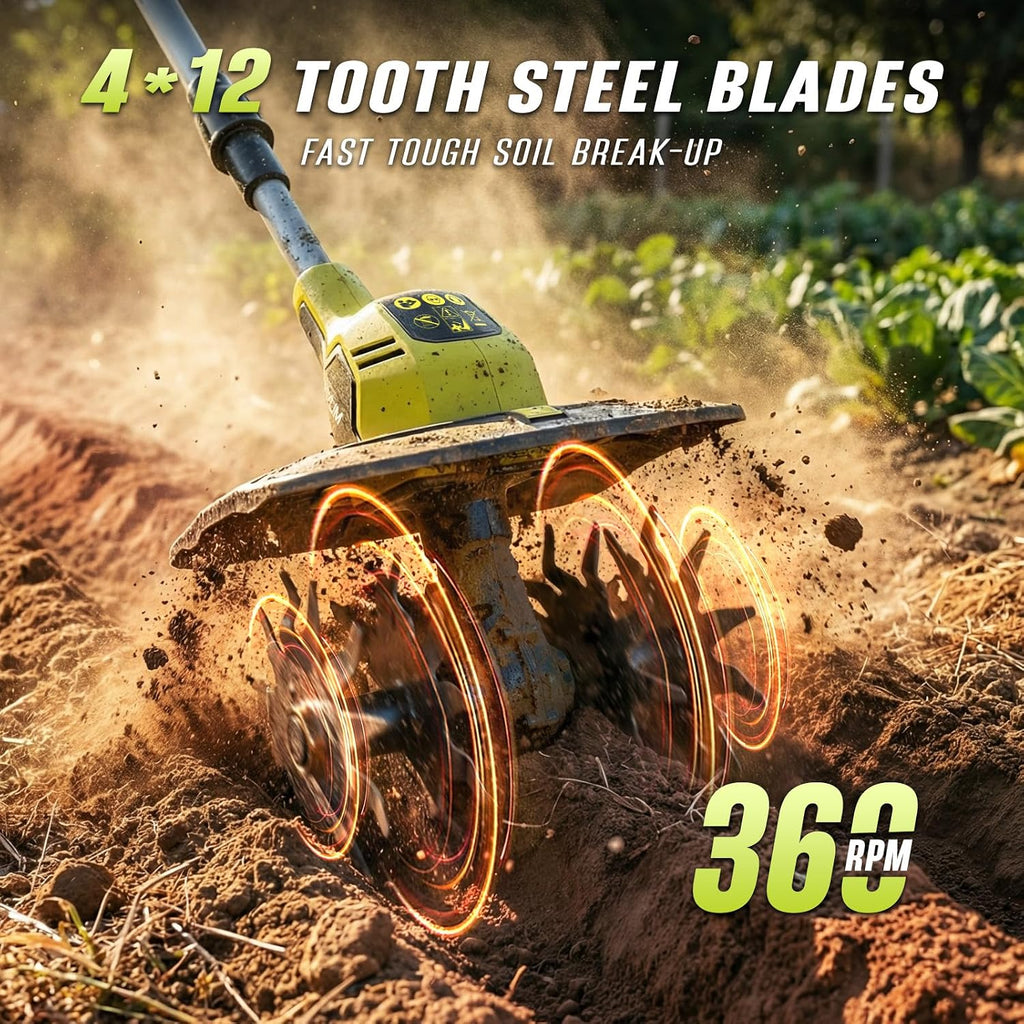 Cordless Tiller for Gardening, 20V 2 X 4.0Ah Battery Powered Cultivator, 9-in Tilling Width and 7-in Depth Electric
