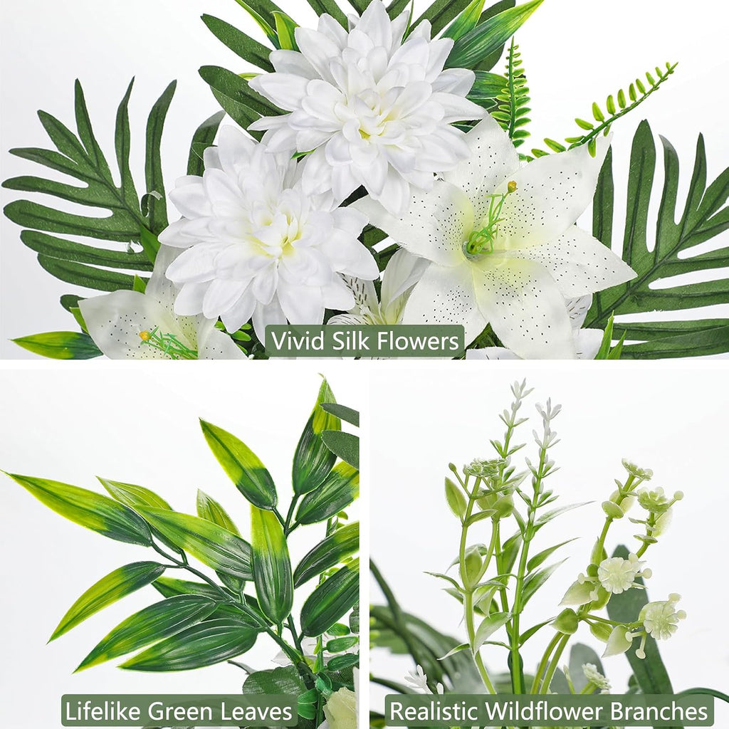 Artificial Cemetery Flowers in Pot Funeral Flowers Arrangements 18.8in Silk White Potted Lily Dahlia Memorial Flower