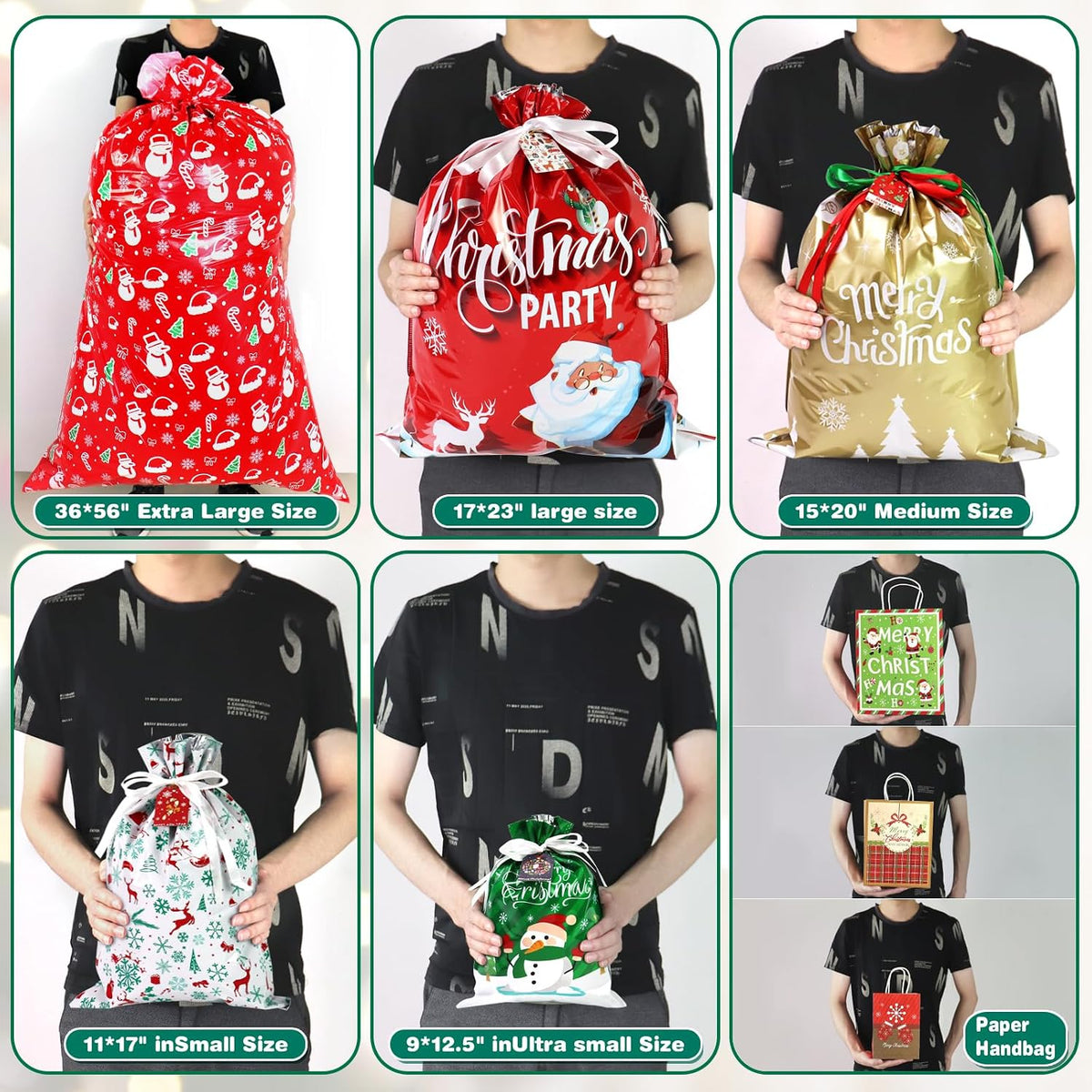 Christmas Gift Bags Bulk 48 Pack,Drawstring Christmas Bags Assorted Sizes