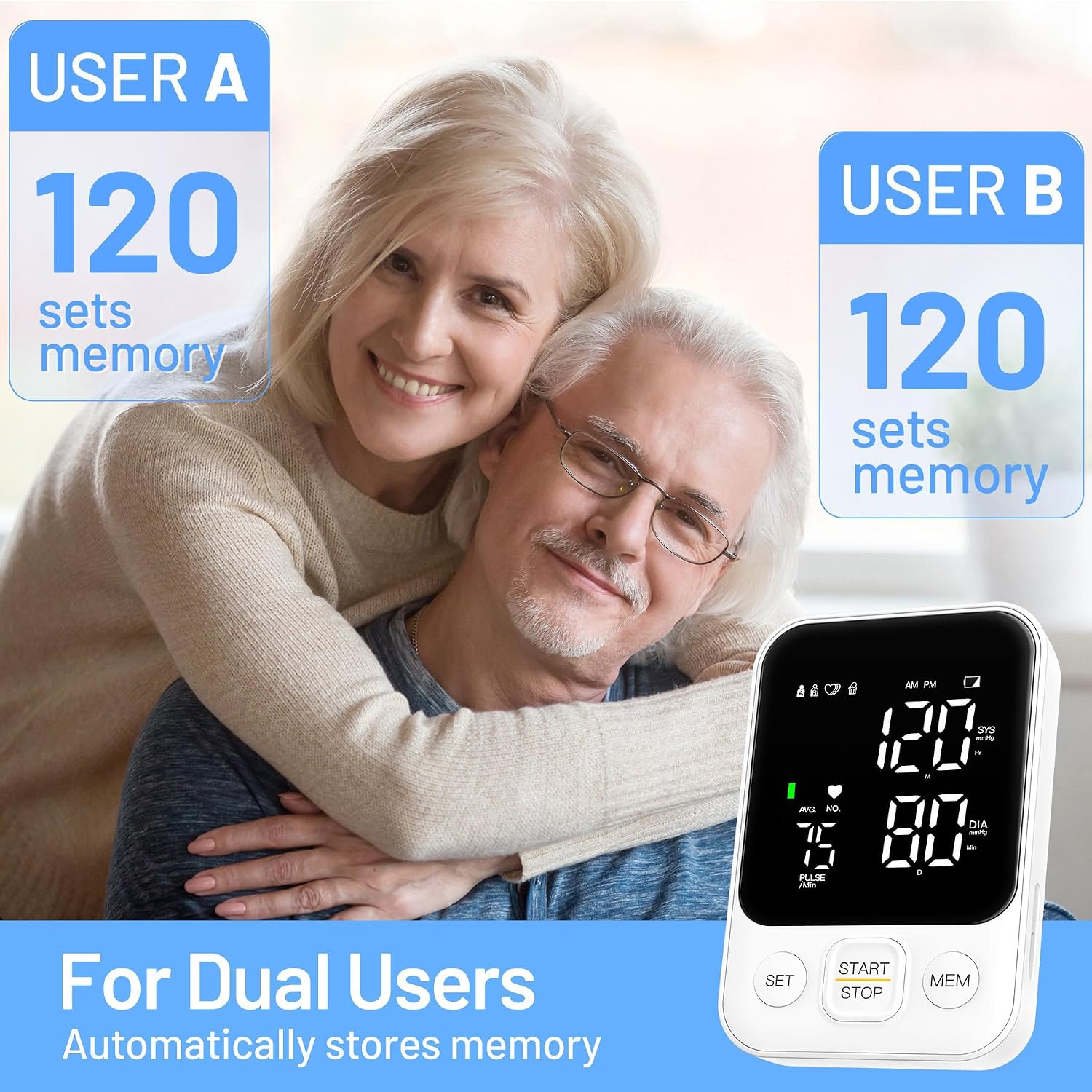 Blood Pressure Monitor Upper Arm Machine Accurate Adjustable BP Cuff Kit Led Backlit Display 2 Users 240 Sets Memory