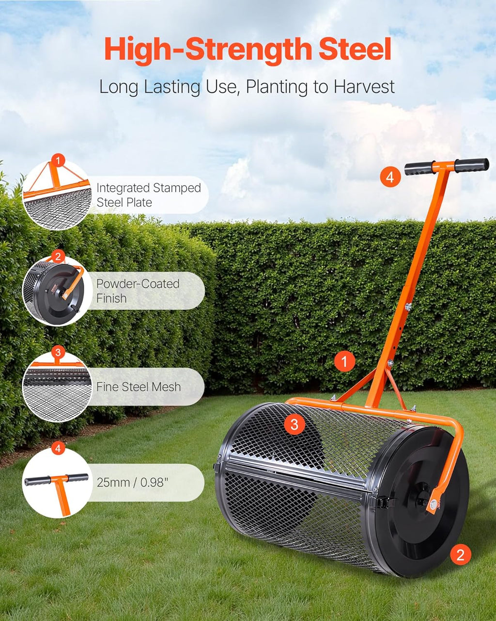 Compost Spreader, 24 in Wide Peat Moss Spreader with T Shaped Handle, 3 Heights Adjustable, Powder-Coated Steel