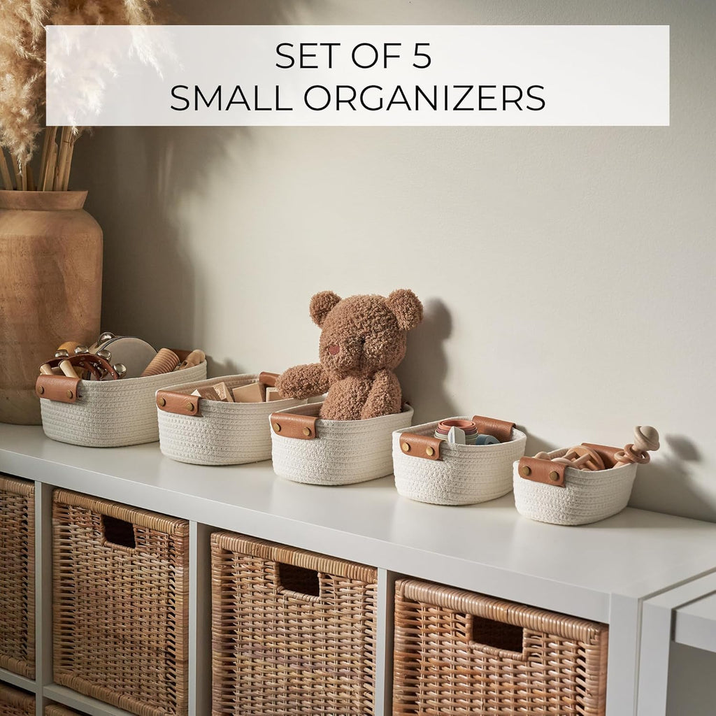Beautiful Storage Basket Set of 5 - Sturdy Cotton Rope Baskets for Shelves Are Perfect for Organizing Your Home