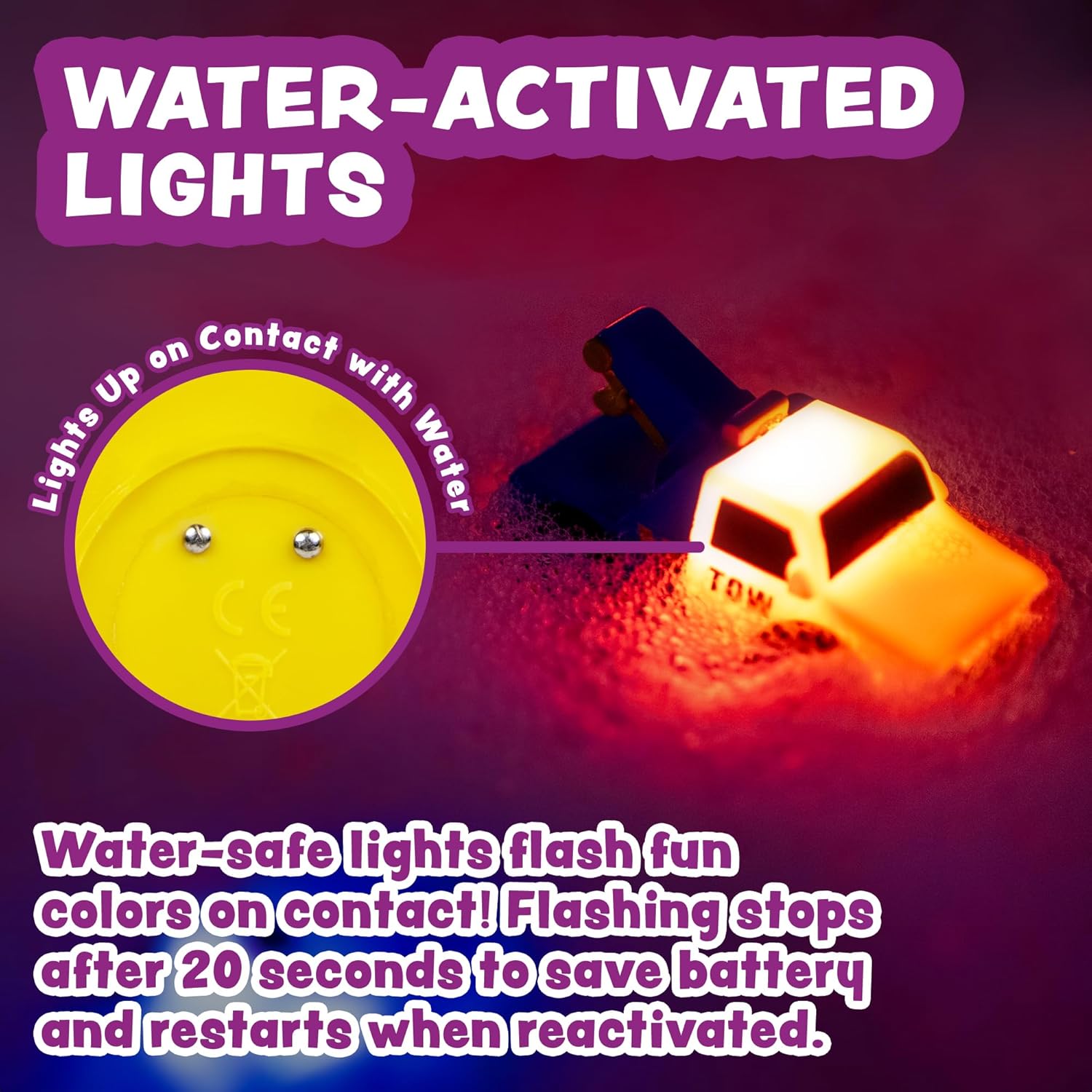 Emergency Cars Light Up Bath Toys, 6 Pack | Water-Activated Light Up Toys Flash & Change Color | Soft, Squeezable