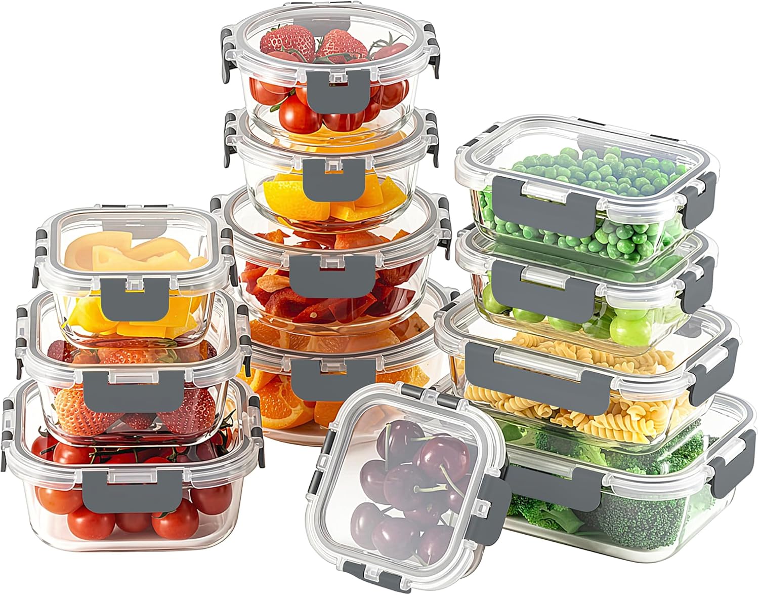 24pc Borosilicate Glass Food Storage Containers with Snap Locking Lids, Glass Meal Prep Containers, Airtight Lunch