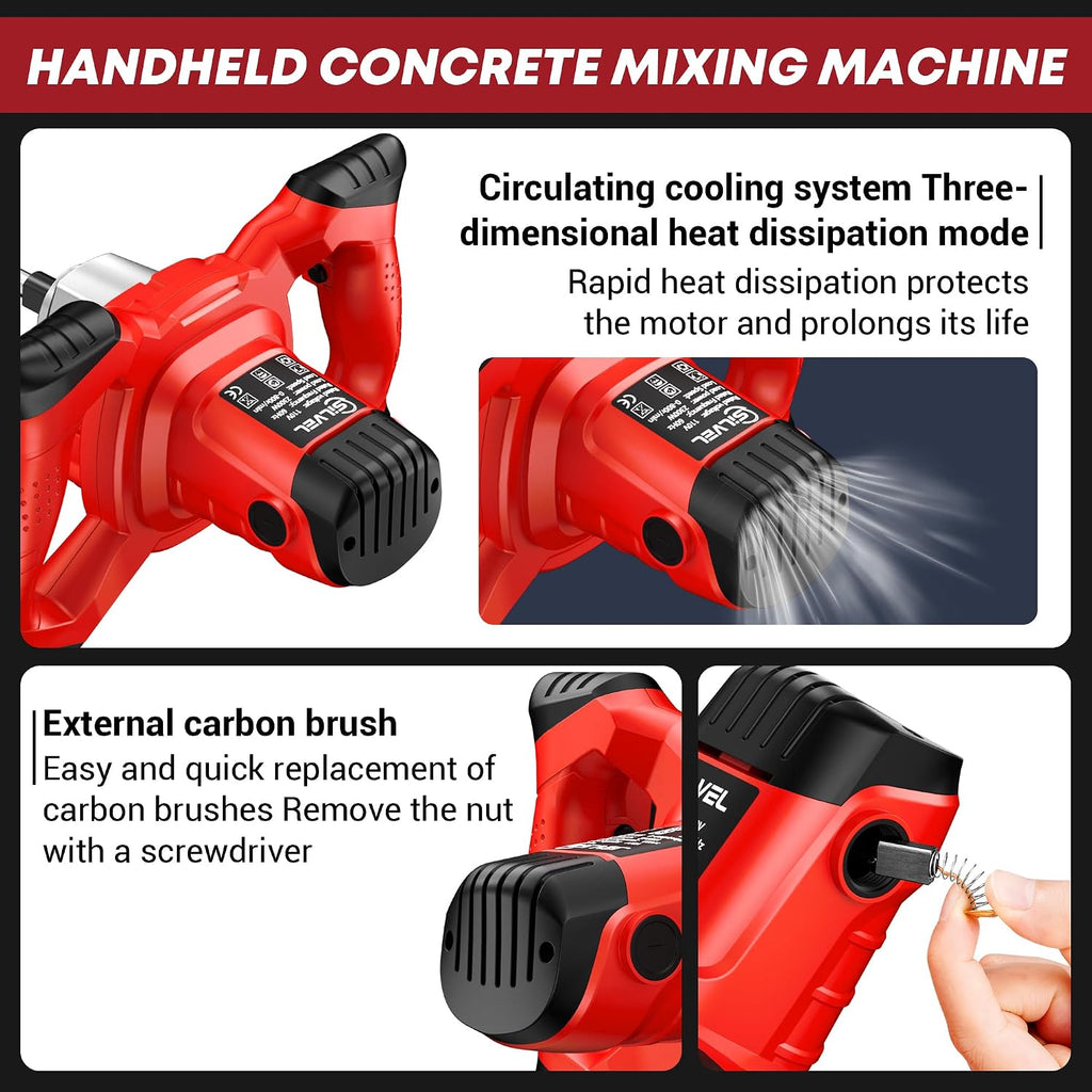 Cement Mixer, Max 2300W Electric Concrete Mixer with 6 Adjustable Speeds, Portable Mortar Mixer, 110V Handheld Mud