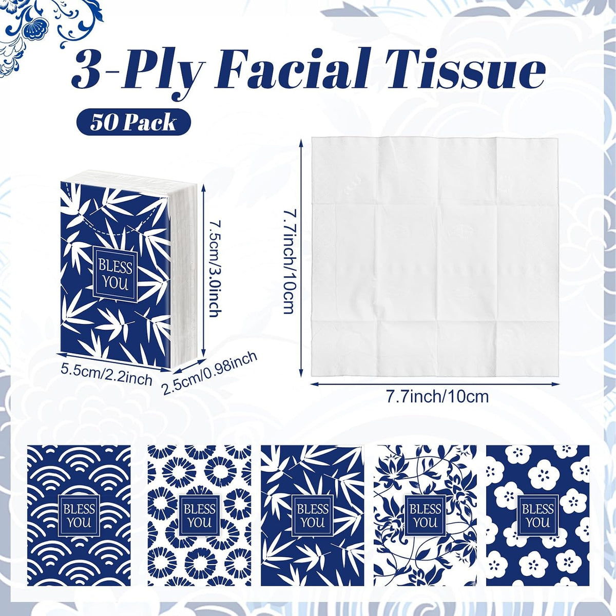 10 Packs Pocket Tissues, Blue Floral Bless You, 3 Ply, 80 Sheets