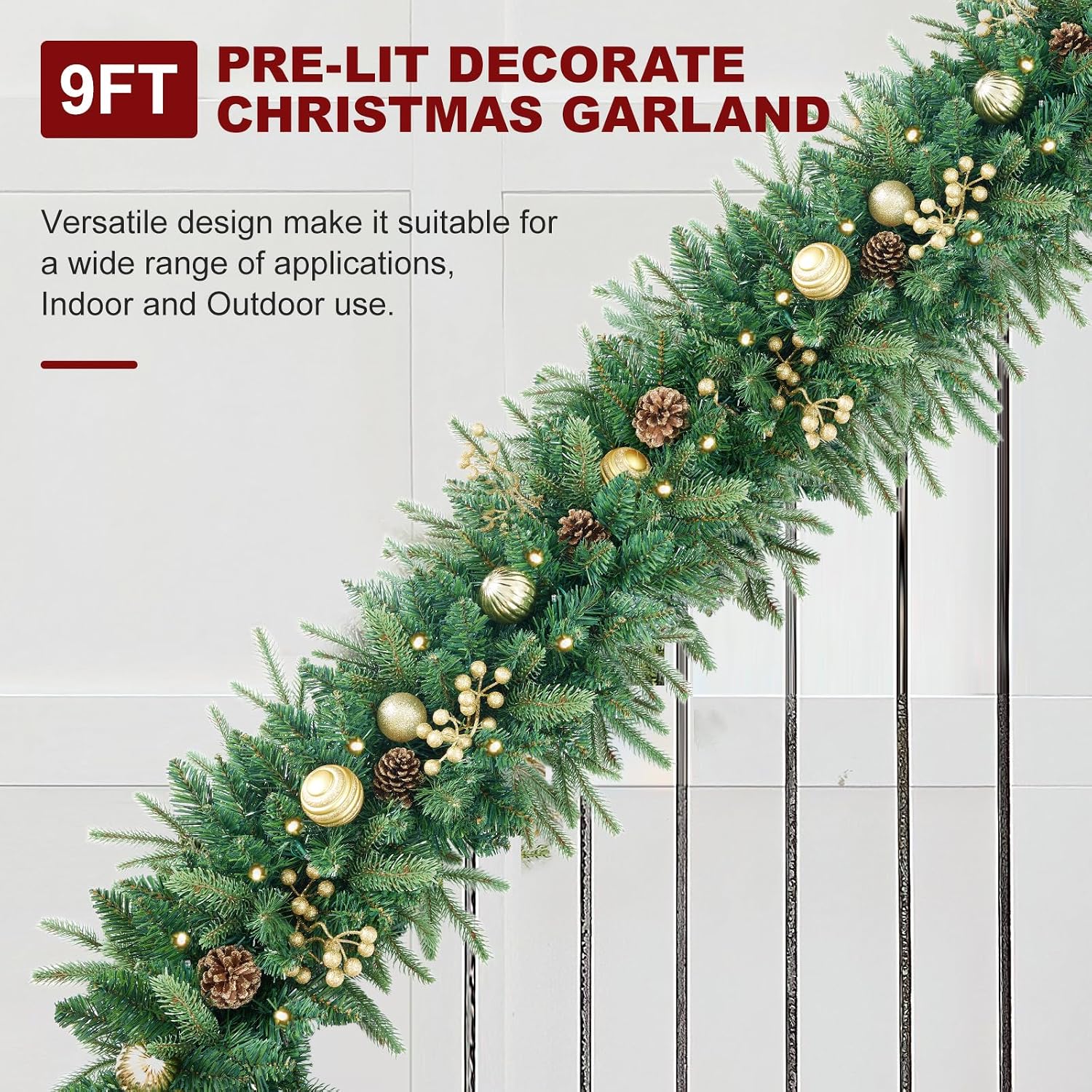 9FT Pre-Lit Artificial Christmas Garland with 50 Led Light, Green, Decorated with Pine Cones, Glitter Powder Gold