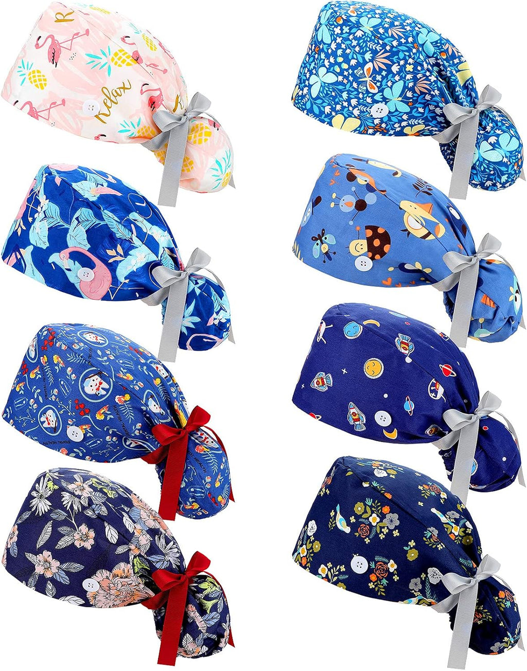 8 Pcs Scrub Caps for Women with Buttons, Ponytail Surgical Hats