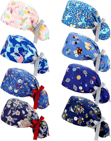 8 Pcs Scrub Caps for Women with Buttons, Ponytail Surgical Hats