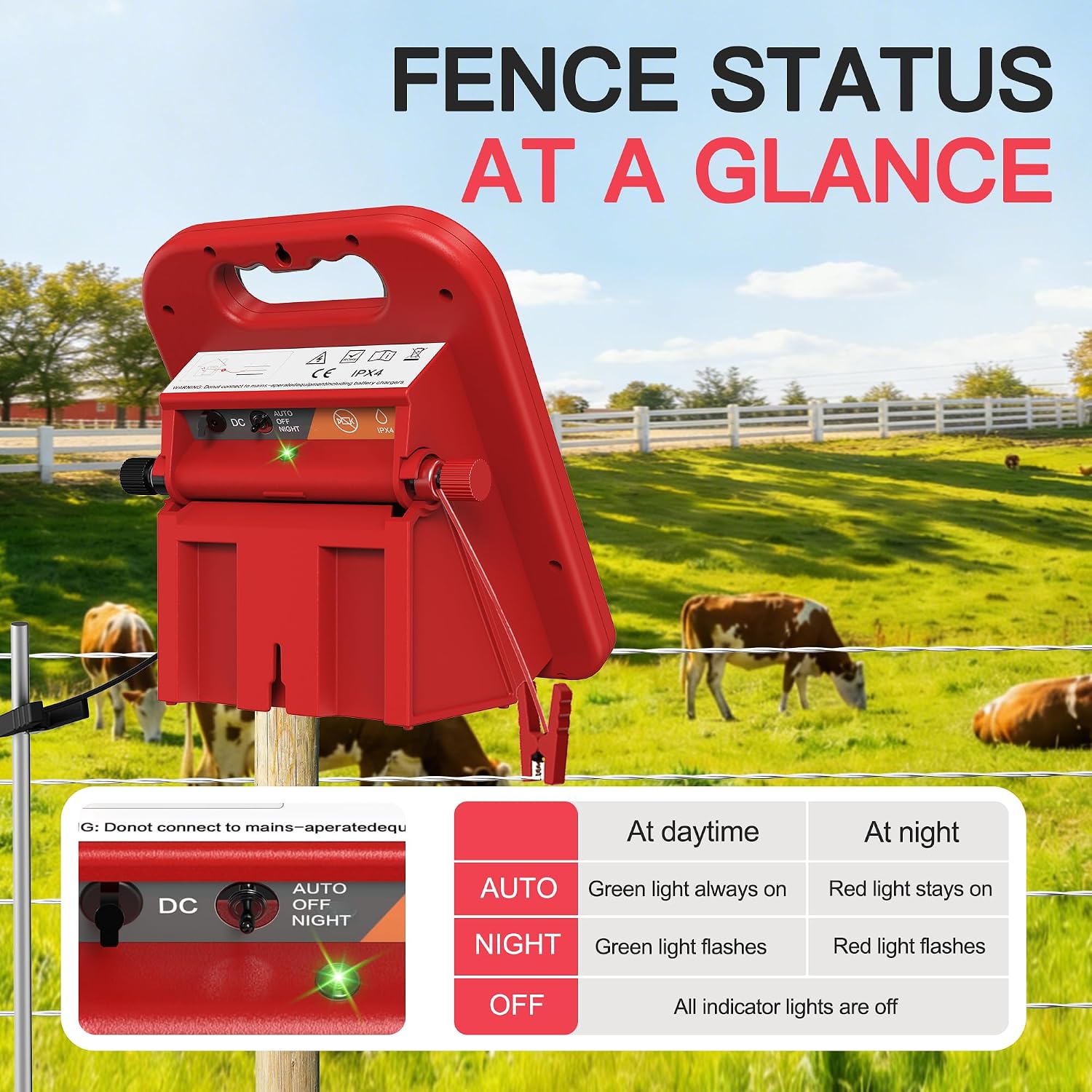 10 Mile Solar Fence Charger 0.18J Electric Fence Energizer with Day Night Mode 24-Hour Protection Red
