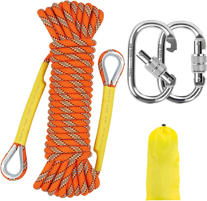 Orange/Black/Blue/Green Climbing Rope 10M(32ft) 20M(64ft) 30M(96ft) 50M(160ft), 8MM Static Rock Climbing Rope with 2