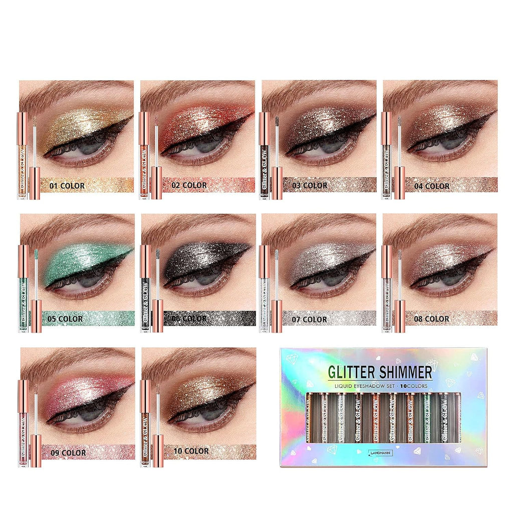 10 Colors Liquid Glitter Eyeshadow Set, Waterproof Long Lasting Shimmer