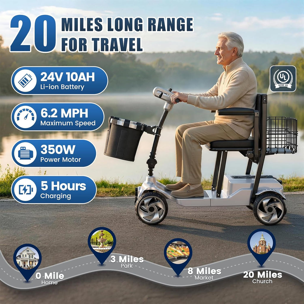 20 Miles Mobility Scooter for Adults and Seniors, Airport Approved, Silver