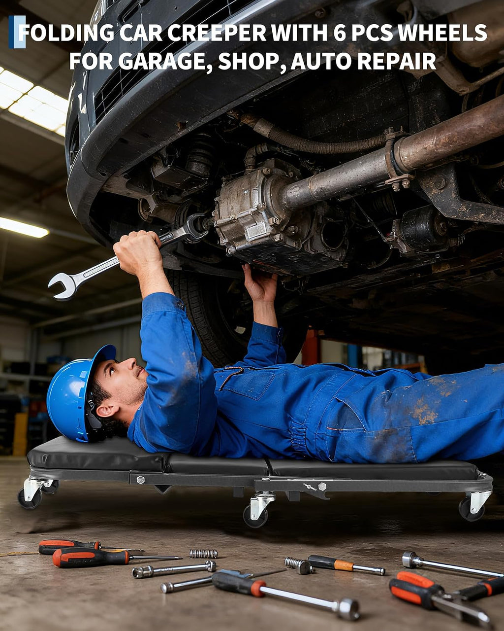 2-in-1 Z-Frame Mechanic Creeper Seat - Folding Adjustable Garage Roller, 36"/40", 6 Swivel Wheels, Heavy Duty Metal