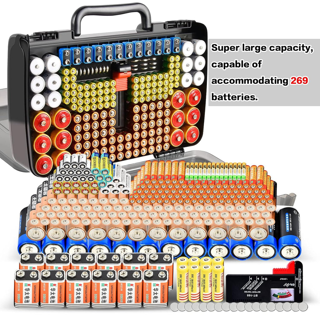 Battery Organizer Storage Case with Tester for 269 Batteries, Double Sides | Plastic, For AA AAA 4A C D Cell 9V 3V