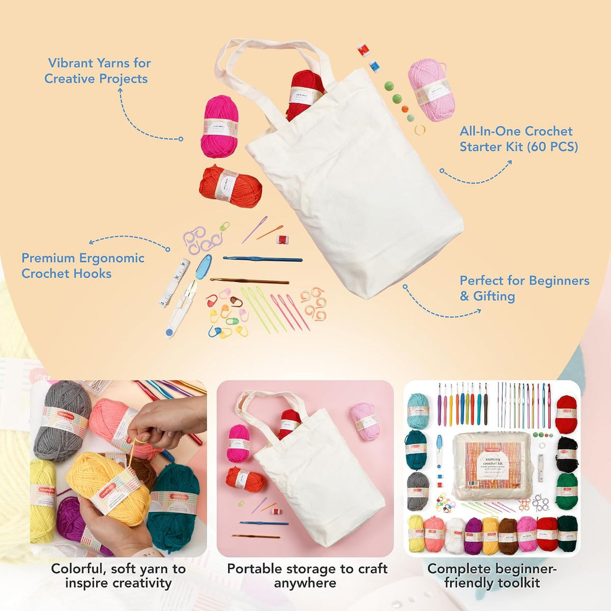 Crochet Kit for Beginners – 85 Piece Beginner Crochet Kit for Adults & Kids with Yarn, Hooks, Accessories & Bonus