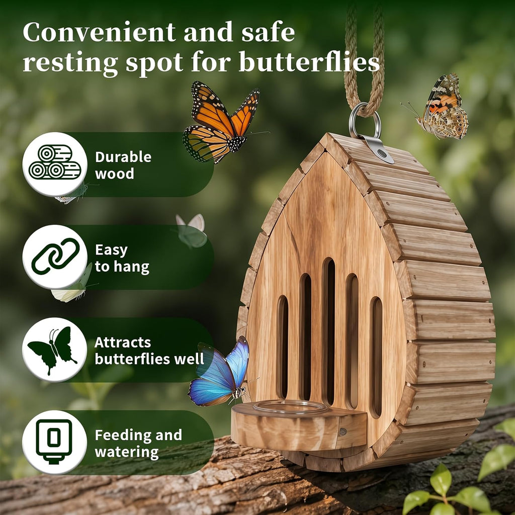 Butterfly House for Outside, Wooden Butterfly Habitat, Butterfly Feeder and Shelter, Hanging Pollinator House for