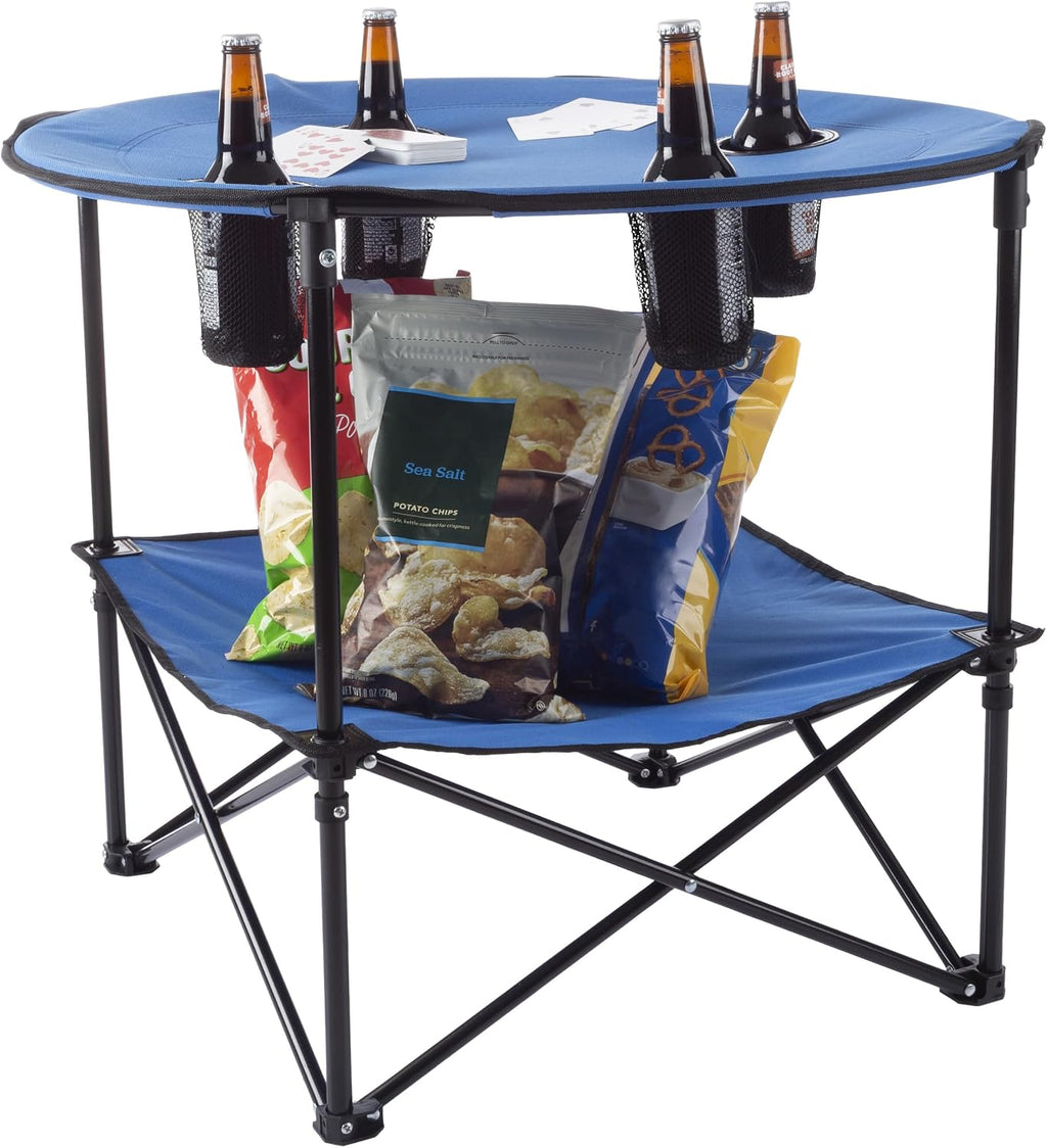 Camp Table - Round 2-Tier Folding Table with 4 Cupholders and Carrying Bag