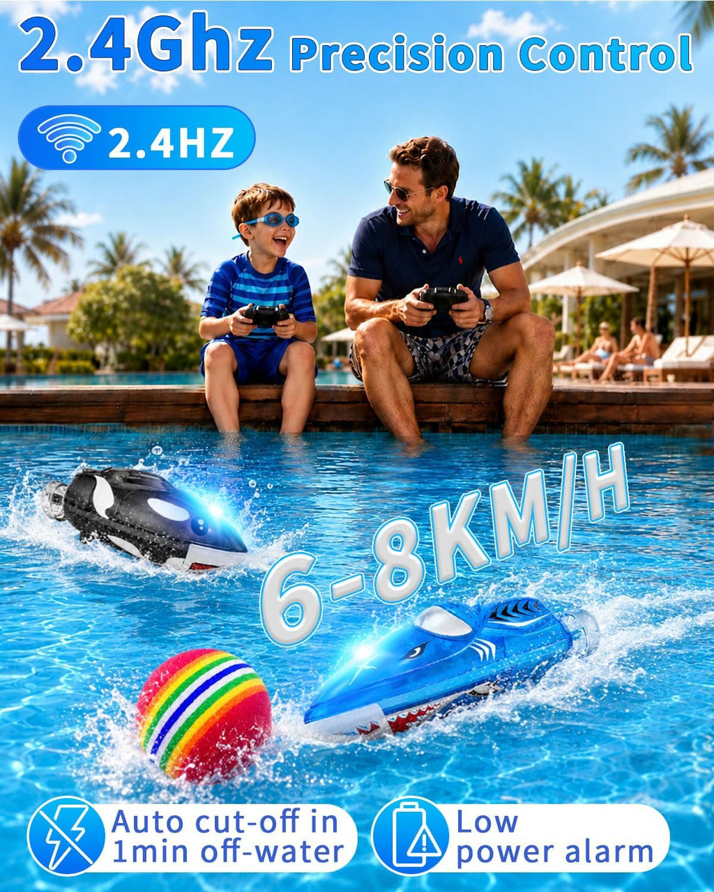 3.2" Mini RC Boat 2-Pack, Shark & Whale Toy with Inflatable Pool | 2.4GHz Remote Control Boat with Dual Motors, 360°