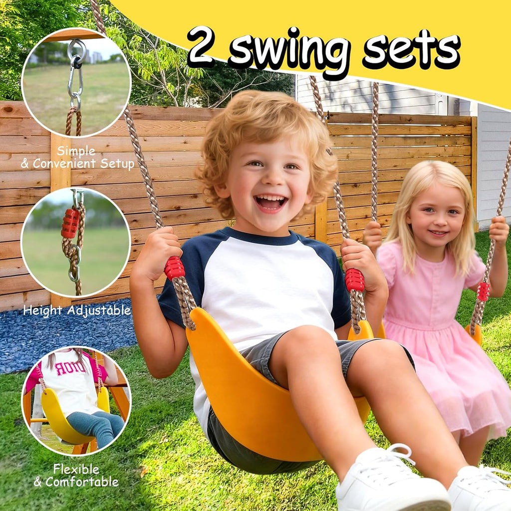 Wooden Swing Sets for Backyard, Kids Outdoor Playground Set with Monkey Bars, Wave Slide, 2 Belt Swings, Climbing