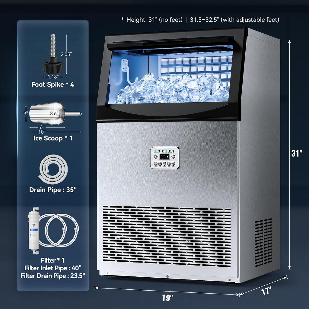Commercial Ice Maker, 200LBS/24H with 33LBS Storage, Self-Cleaning