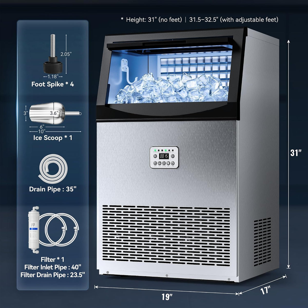 Commercial Ice Maker, 200LBS/24H with 33LBS Storage, Self-Cleaning